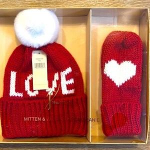 Collection Eighteen Love Red Hat Pom Pom Mittens Gift Set Hearts NIP